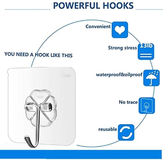 Self Adhesive Wall Hooks, Heavy Duty Sticky Hooks for Hanging 10kg (max), Waterproof Transparent Hooks for Wall (Pack of 20)